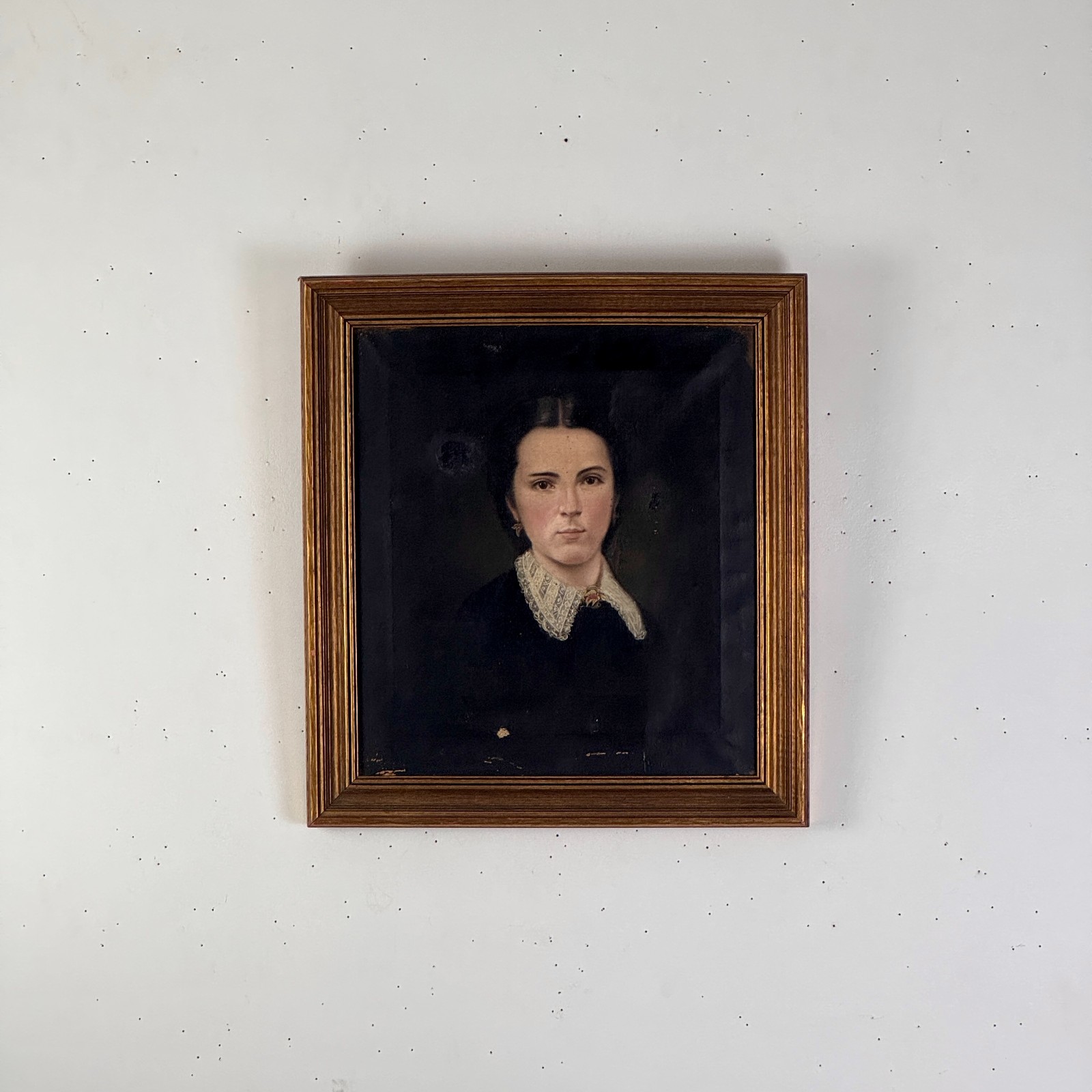 Antique Mid-Late 19th C Oil on Canvas Painting of Young Woman In High Neck Dress Antique Mid-Late 19th C Oil on Canvas Painting of Young Woman In High Neck Dress