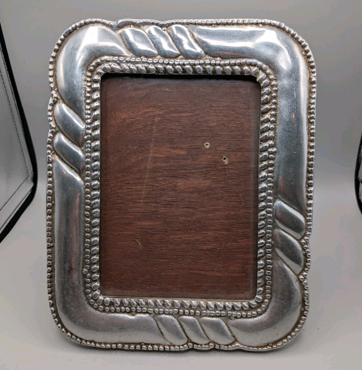 Vintage Holland Boone Heavy Pewter Frame 5x7 Photo Wood Back Stand Rope Bead Vintage Holland Boone Heavy Pewter Frame 5x7 Photo Wood Back Stand Rope Bead