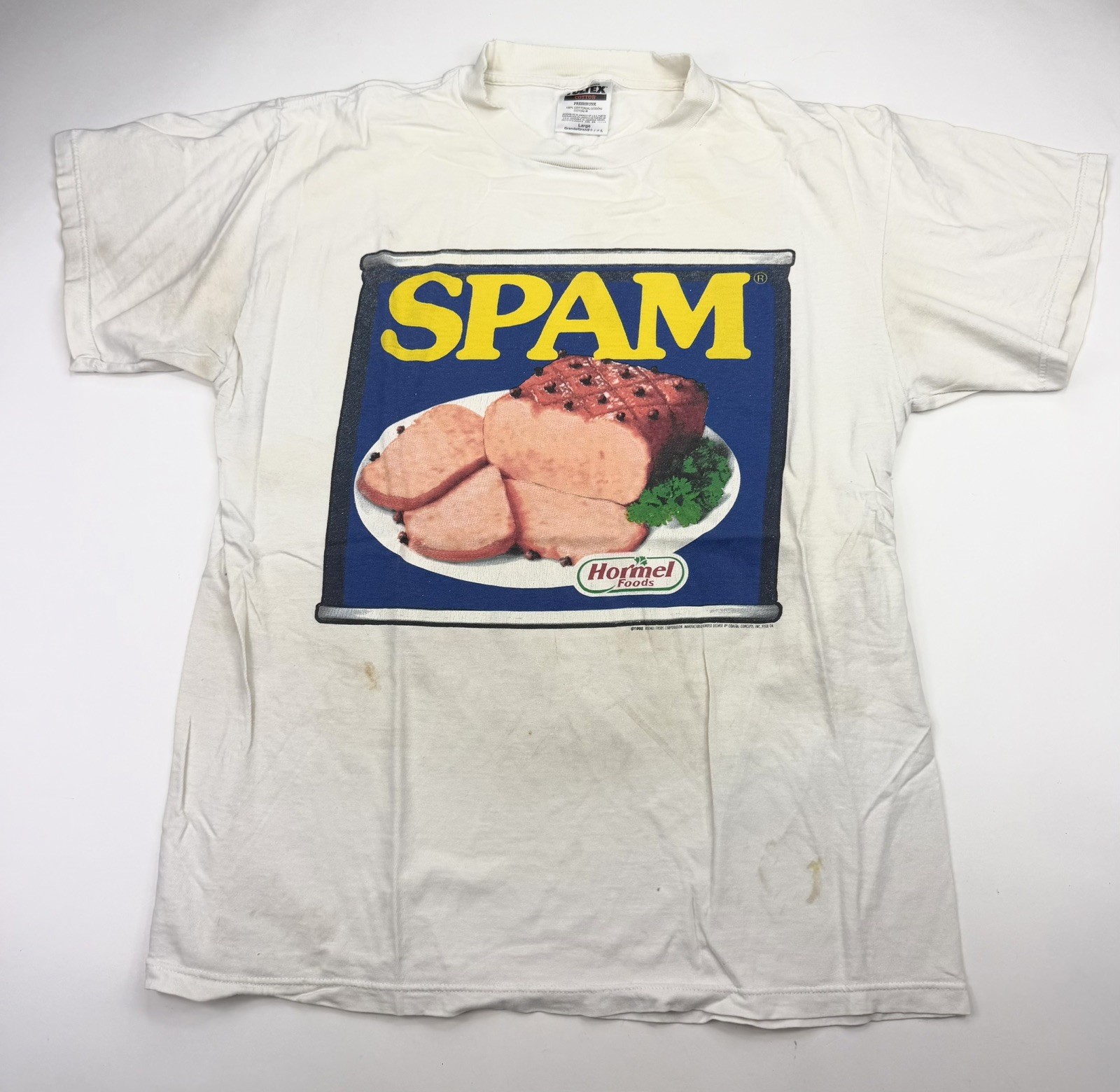 Vintage 1996 SPAM Hormel Foods 90s Promo T-Shirt Size L Distressed Tee White 