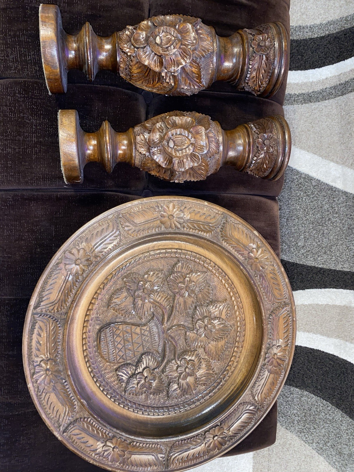 4pc Vintage Yugoslavian Hand Carved Wood Set Flower Plate Stand Candlesticks MCM