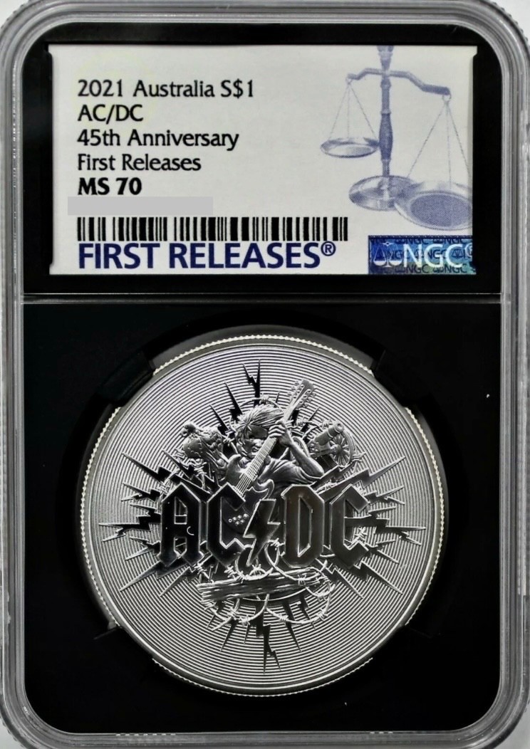 2021 Australia $1 AC⚡️DC 45th Anniversary .999 FINE  NGC MS70 Antiqued - FR