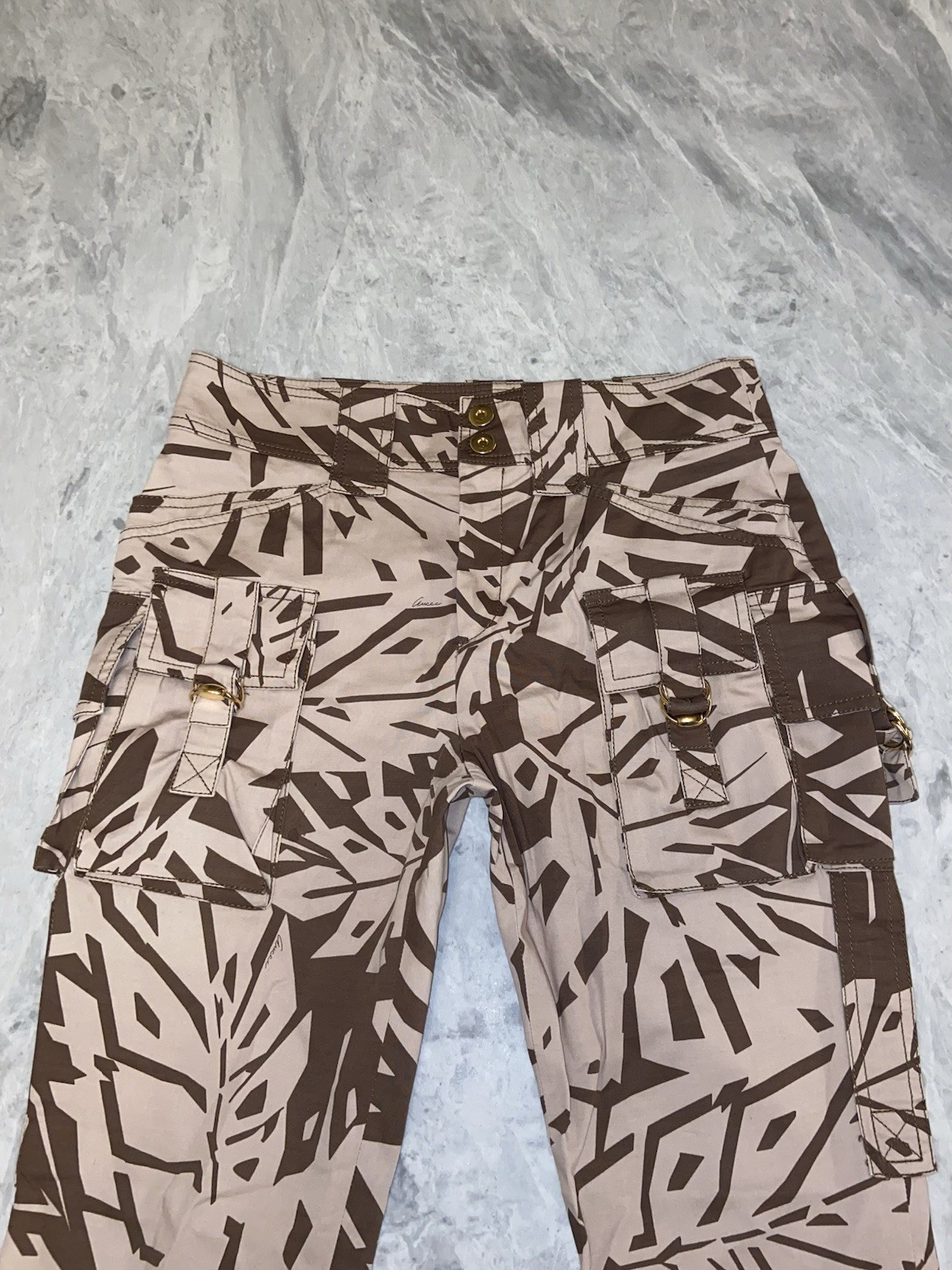 Gucci 2008 Frida Giannini Cargo Pants Abstract Print Beige Brown IT 40 Vintage