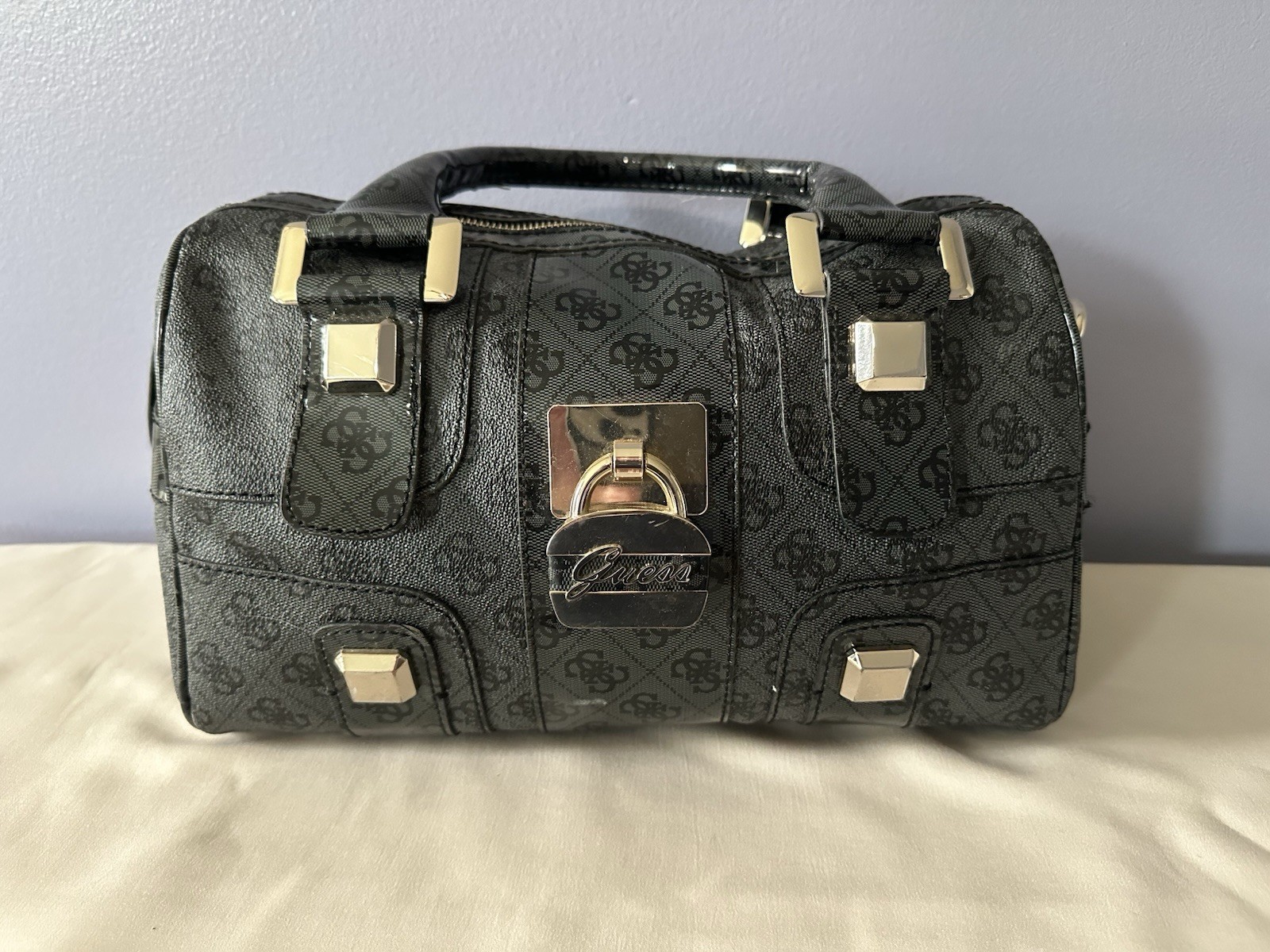 GUESS Black Monogram Satchel with Key & Padlock Charm