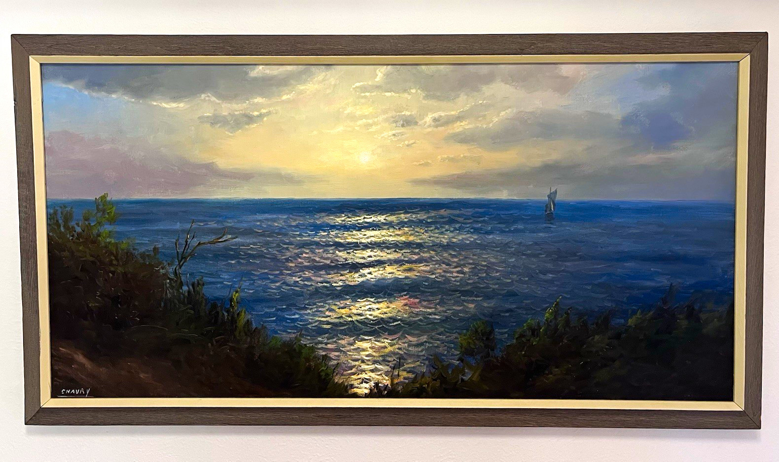 Vintage MCM Original Oil Painting Signed Chavry Panoramic Ocean Sunset Fram