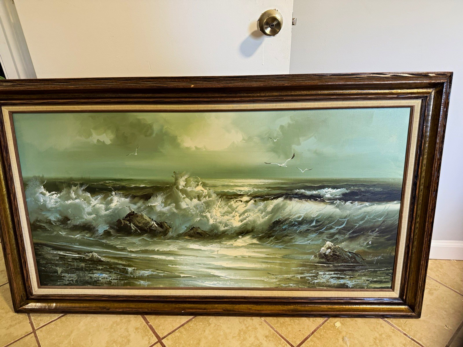 Nissan Engel Signed Framed Large Realism Seascape Ocean Waves Seagulls Canvas