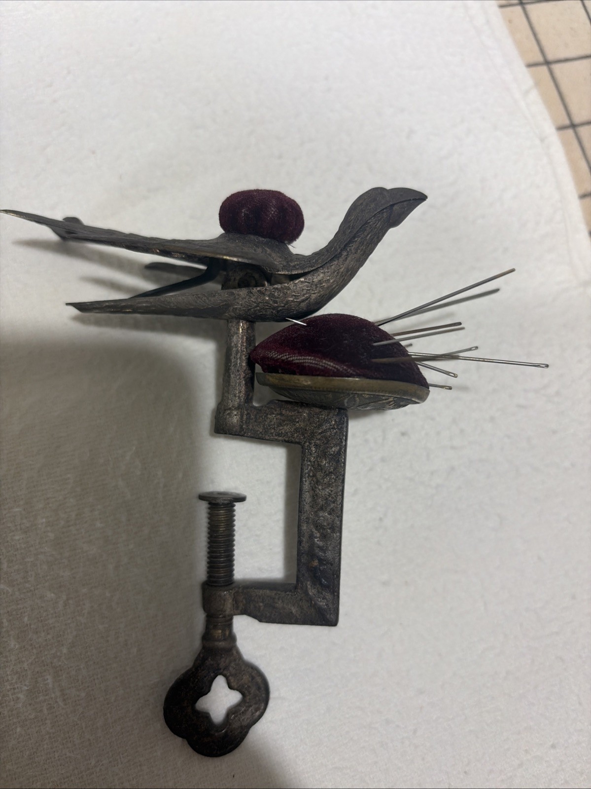Antique Victorian Bird sewing pin cusion with clamp pin with detail on brass Antique Victorian Bird sewing pin cusion with clamp pin with detail on brass