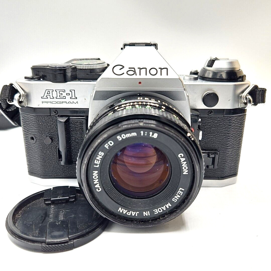 Canon AE-1 Program 35mm SLR Film Camera with 50mm Lens Kit, Tested and Working