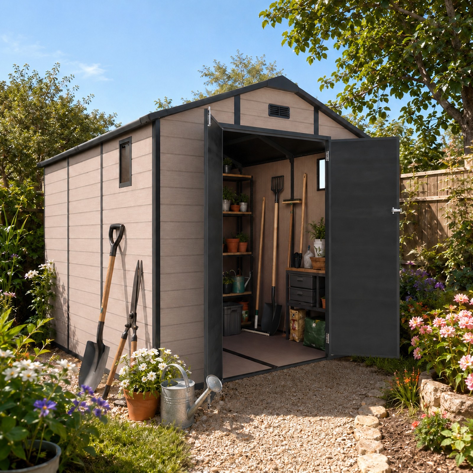 8x10FT Outdoor Plastic Lockable Resin Storage Shed with Window & Floor,Champagne