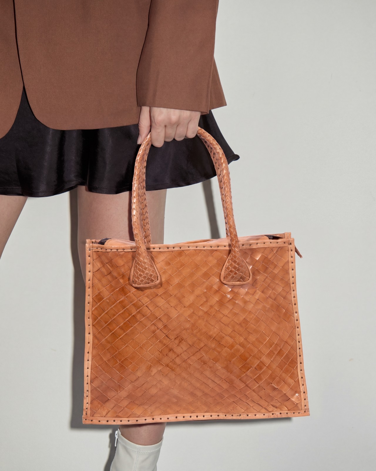 Handmade Moroccan Woven Leather Tote Bag Tan Diamond Pattern Braided Handles