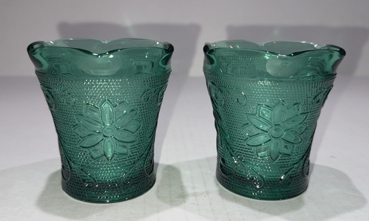 Vtg Pair of Tiara Sandwich Glass Spruce Green 3½” Votive Candleholders 1970s