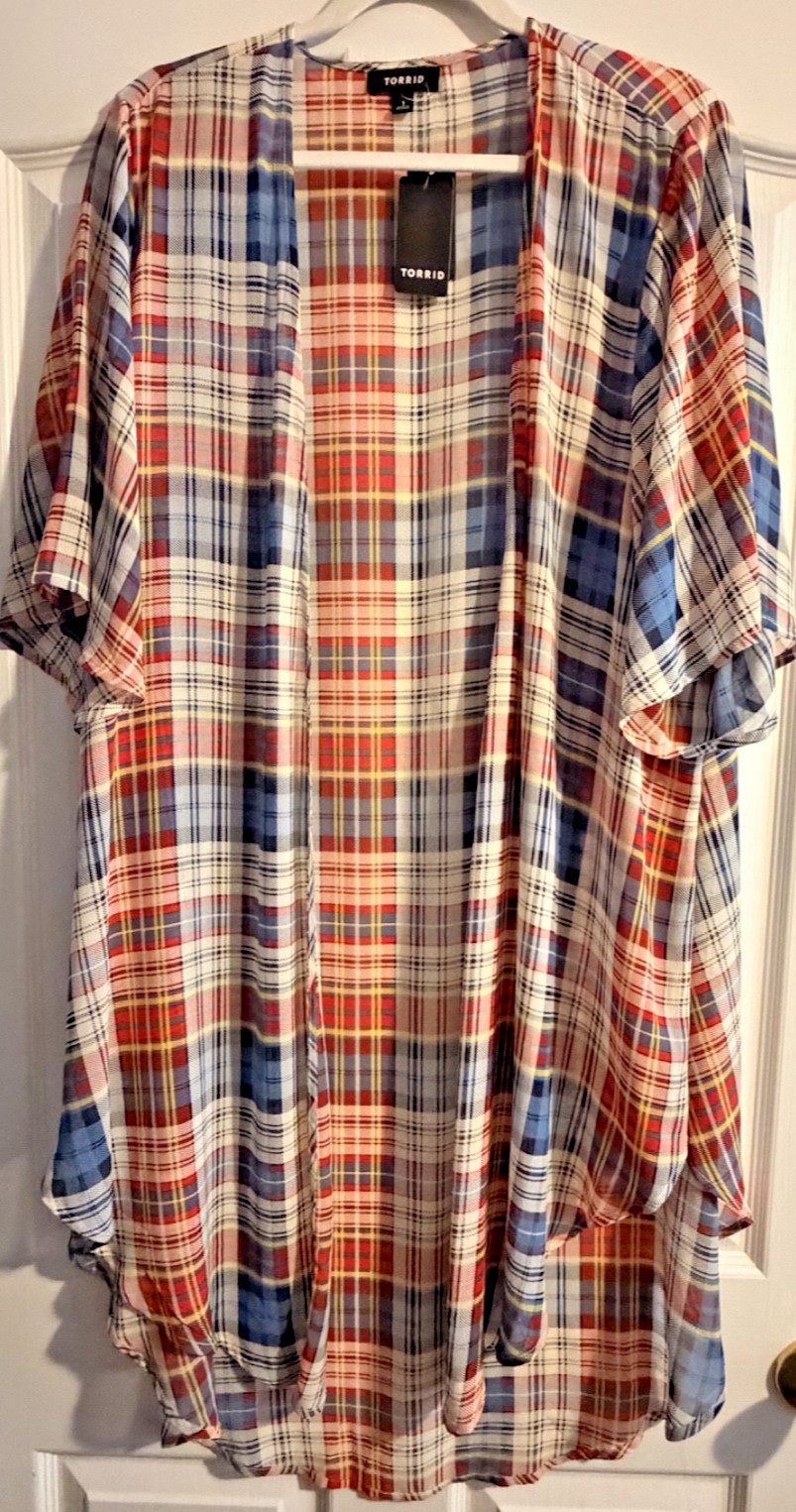 Torrid Women\'s Multicolor Plaid Sheer Open Front Duster Kimono NWT Sz 1