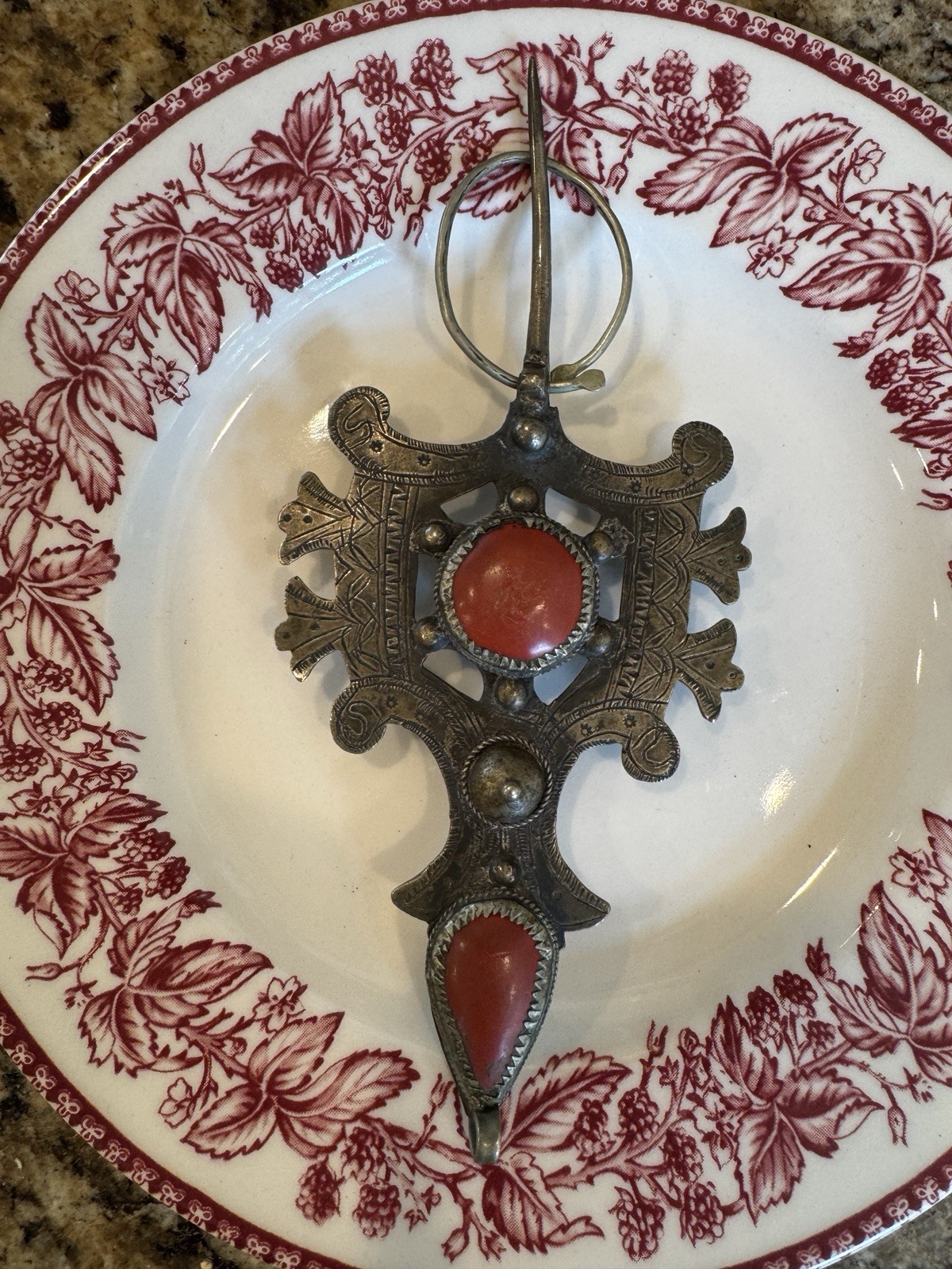 Antique Moroccan Berber Fibula Red Stone Engraved Pin Brooch Pendant Large Women
