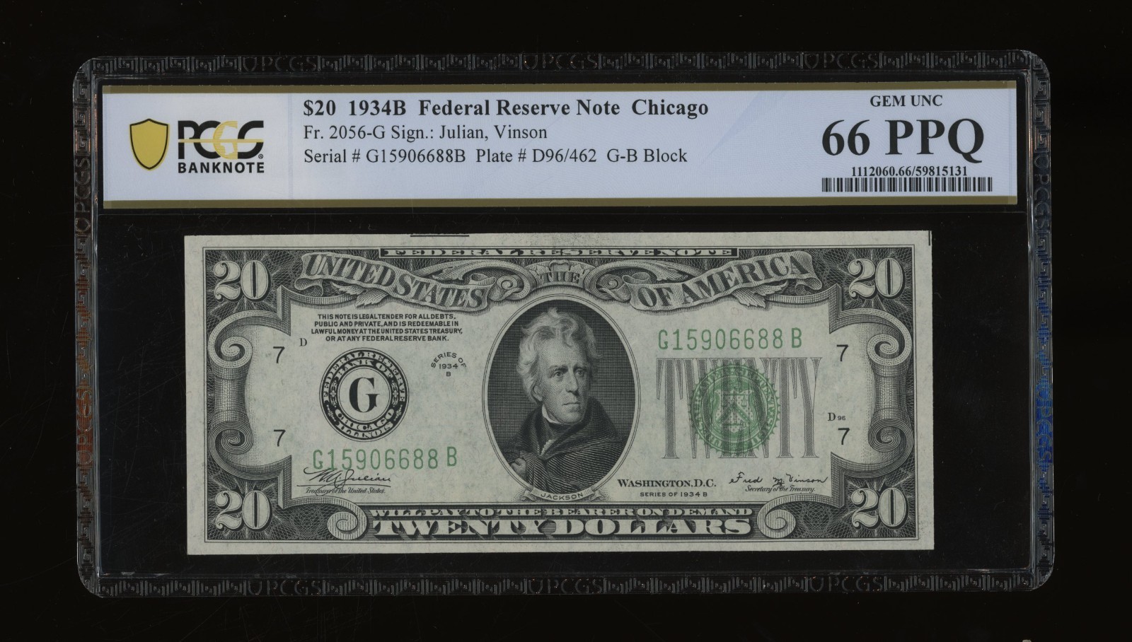 DBR 1934-B $20 FRN Chicago Vinson Gem Fr. 2056-G PCGS-B 66 PPQ Serial G15906688B