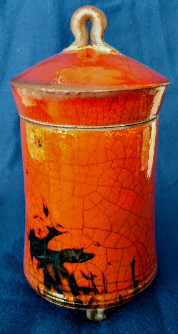 Bob Smith-RAKU Art Pottery Lid, 4 Feet, Pot, Fennel, Fine Work, CO. Based Artist