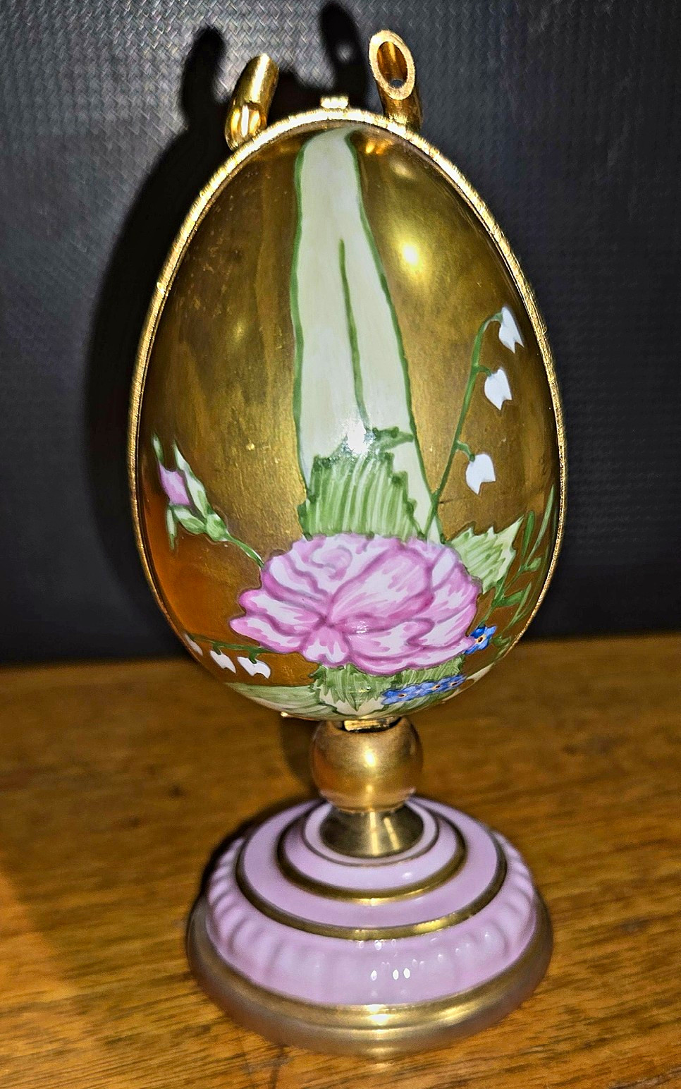 Atelier Chamart Limoges France Hand Painted Hinged Egg Trinket Box w/ Stand
