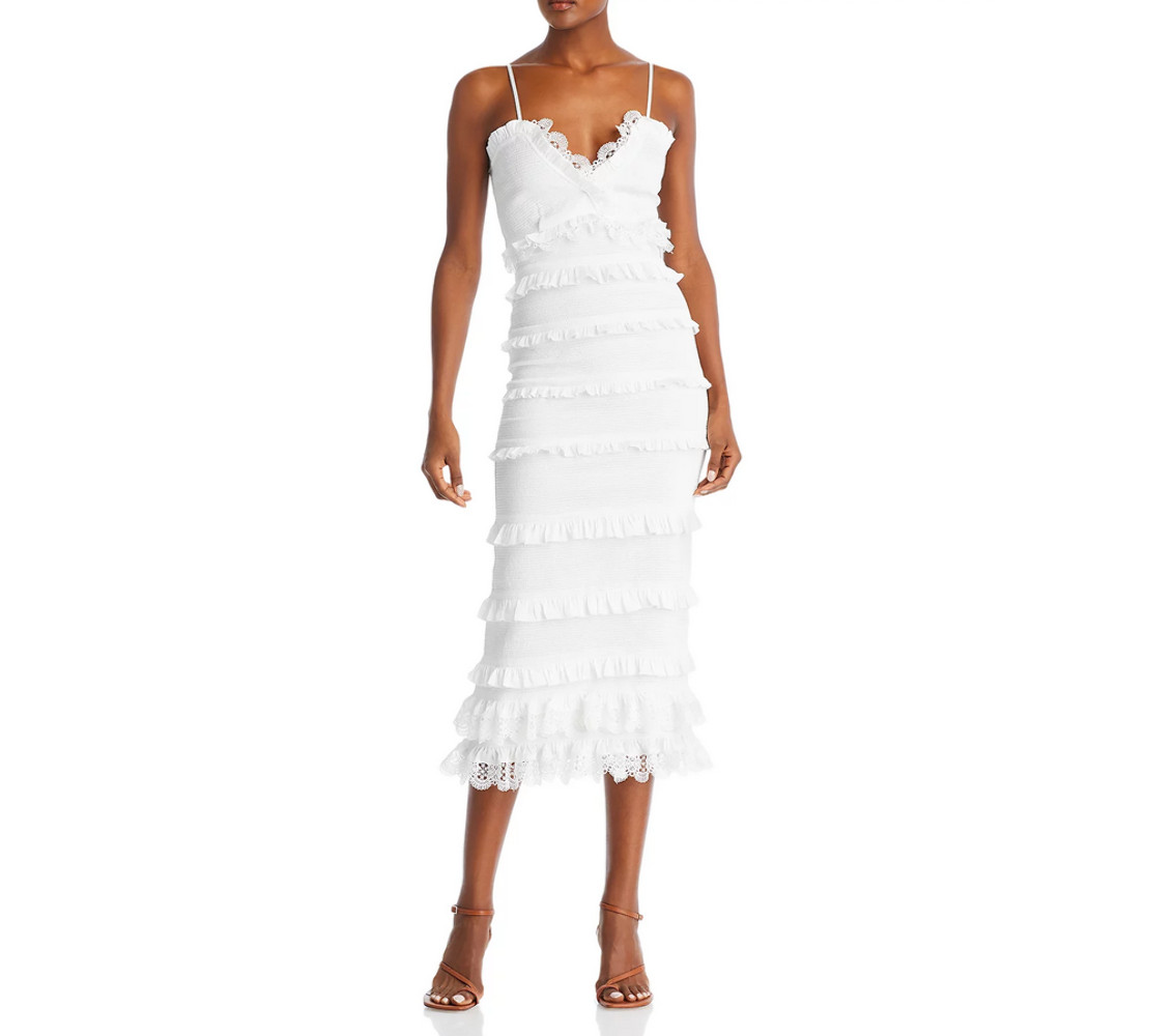 V. Chapman Narcisse Smocked Ruffle Trim Midi Dress 12B 2286-