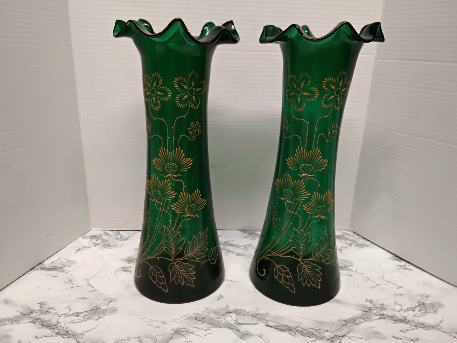 Antique Victorian Pair Bohemian Emerald Green Art Glass Vases Gold Enamel Ruffle Antique Victorian Pair Bohemian Emerald Green Art Glass Vases Gold Enamel Ruffle