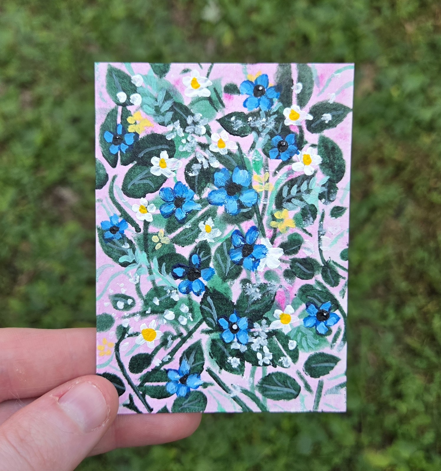 ACEO Original Painting Whimsy Wildflowers Miniature Art Card