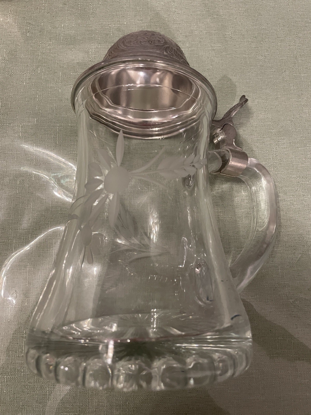 Vintage German Glass Beer Stein With Cool Designs Included On Pewder Lid Vintage German Glass Beer Stein With Cool Designs Included On Pewder Lid