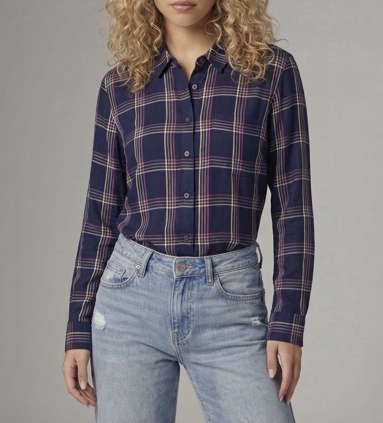 NWOT Talbots Women’s Size PL Blue Plaid Rayon Button Up Blouse
