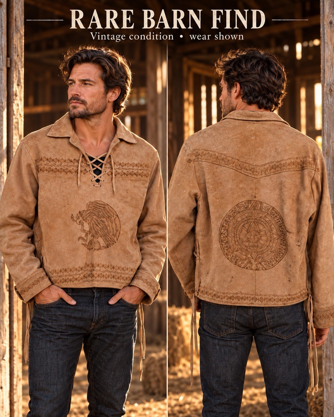 Vintage Men’s Southwestern Aztec Suede Leather Lace Pullover Shirt 50s 60s #201