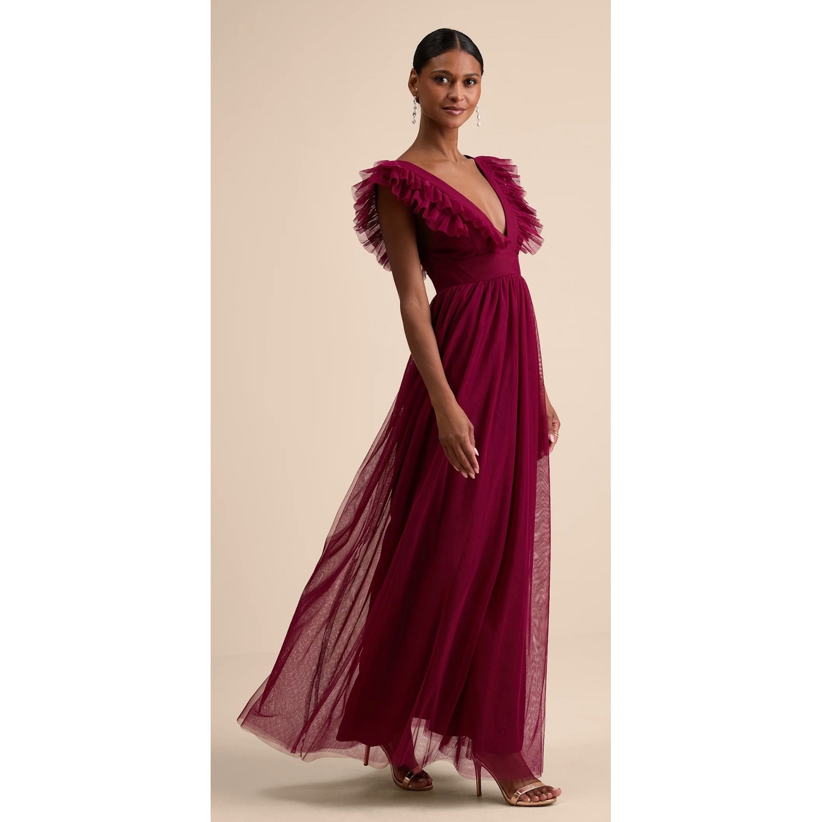 Lulus Simply Delighted Burgundy Mesh Ruffled Backless Maxi Dress XL