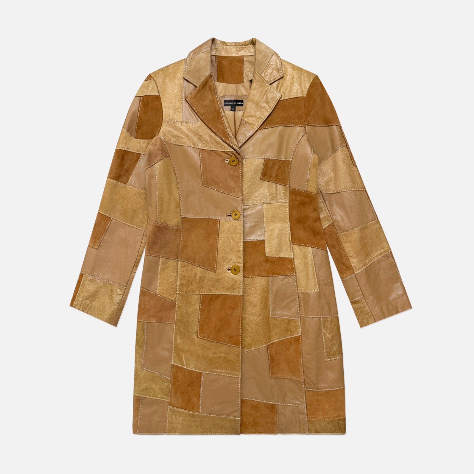 Vintage 90s Elements by Vakko Patchwork Leather Penny Lane Trench Coat Jacket S