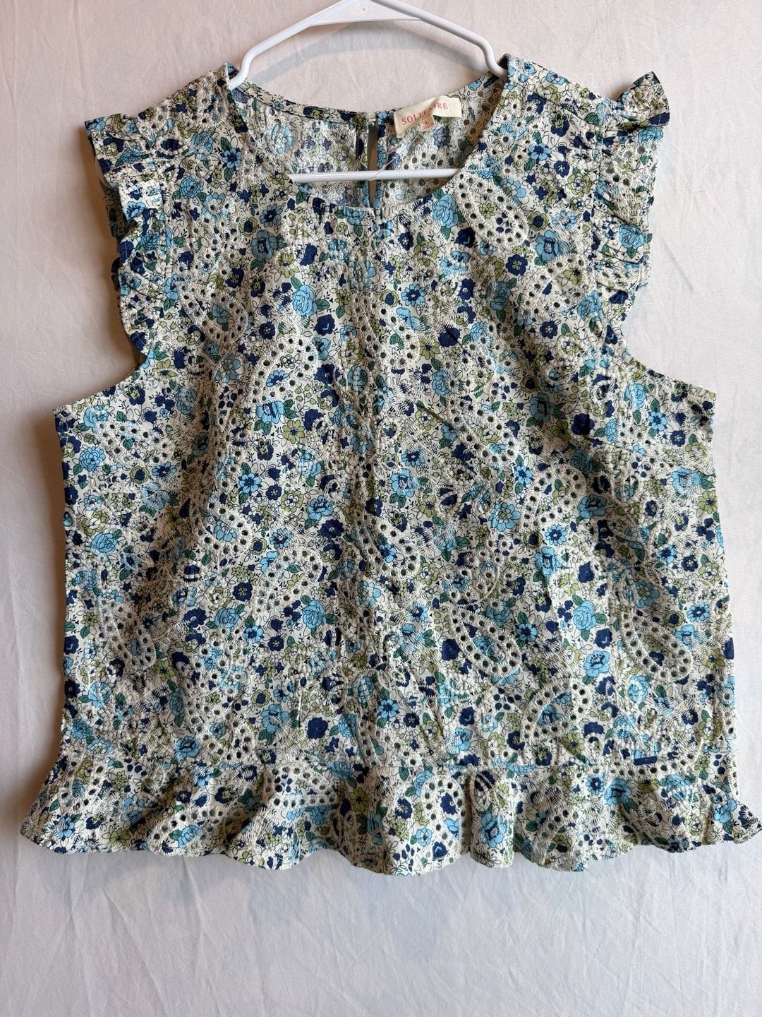 Anthropology Solitaire Women\'s Floral Eyelet Ruffle Hem Blouse New