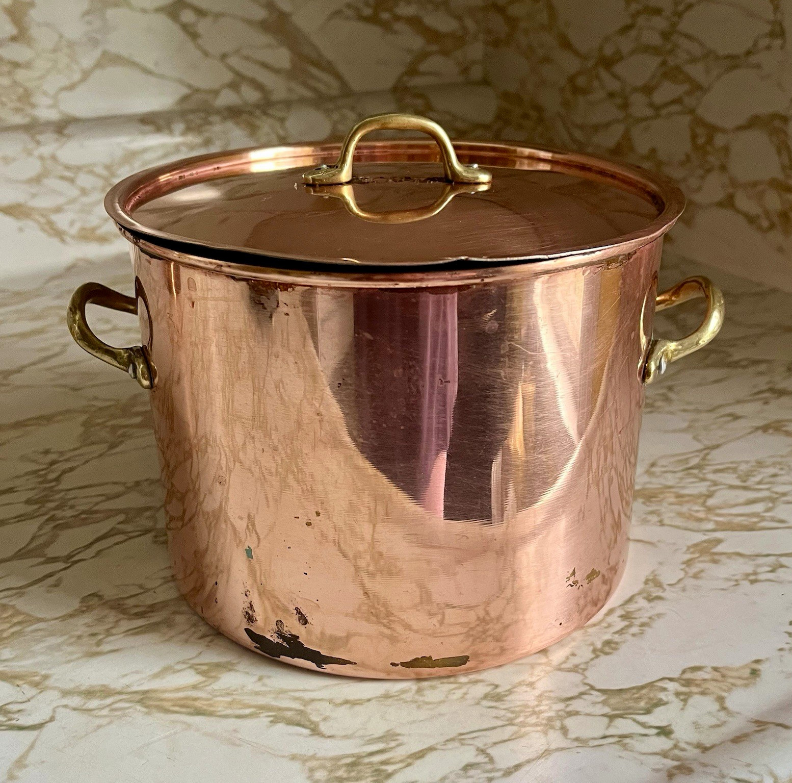 Vintage Small Copper Stock Pot With Lid & Brass Handles Patina Rustic Kitchen Vintage Small Copper Stock Pot With Lid & Brass Handles Patina Rustic Kitchen