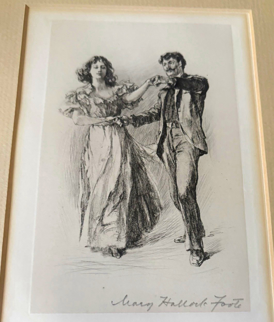 Mary Holland Foote Signed Pen & Ink Drawing, Regency Dancing Couple, Framed Mary Holland Foote Signed Pen & Ink Drawing, Regency Dancing Couple, Framed