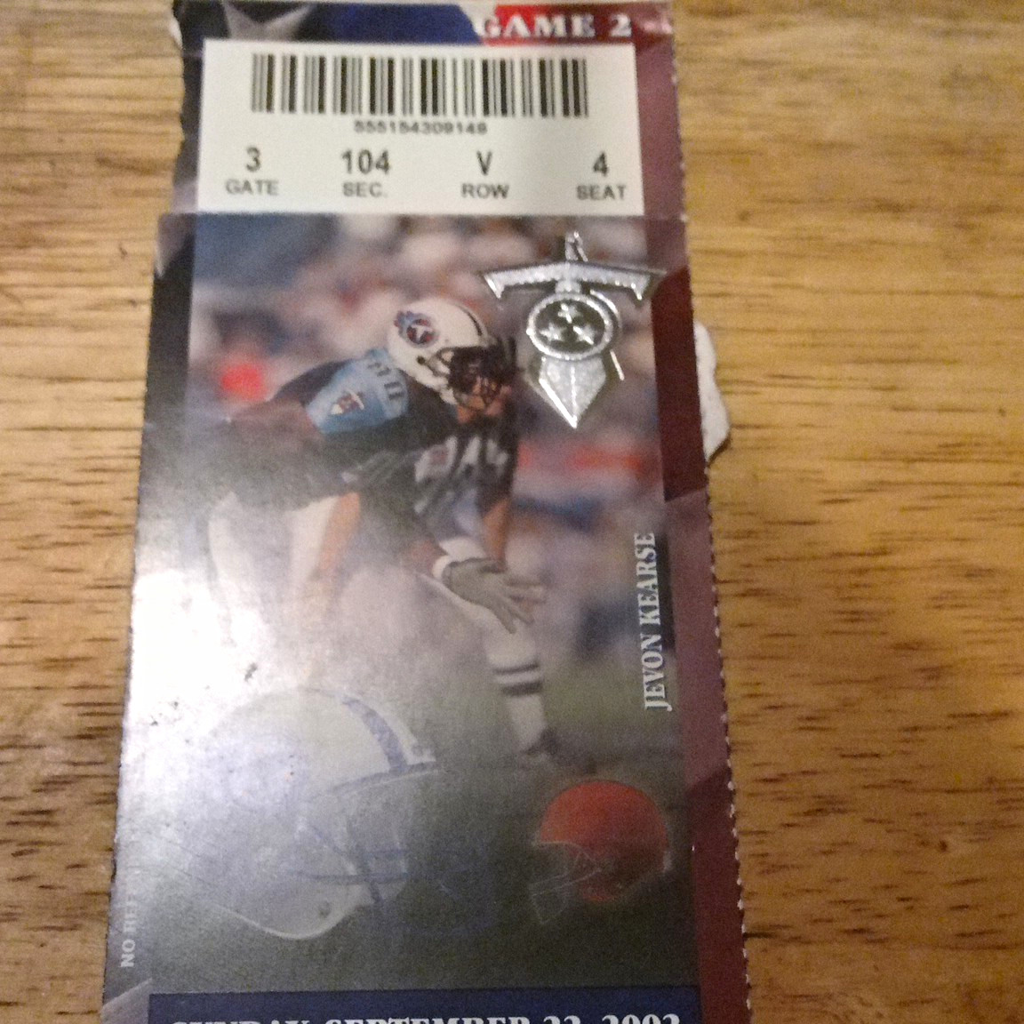 Jevon Kearse Football Ticket Stub Game 2 Gate 3 Sec 104 Row W Seat 4