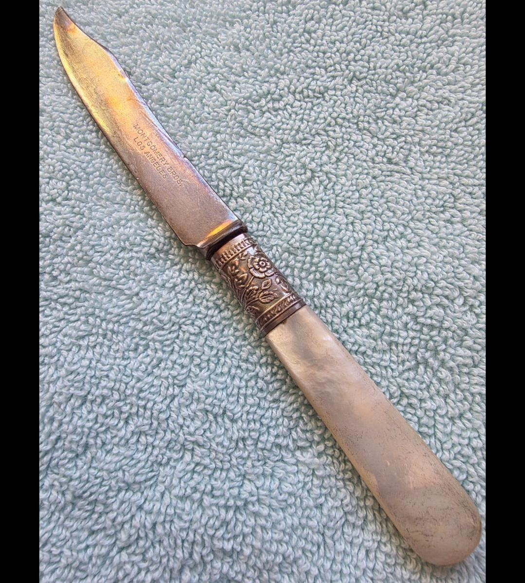 Antique Mother-of-Pearl Fruit Knife Montgomery Bros. Los Angeles Sterling Floral