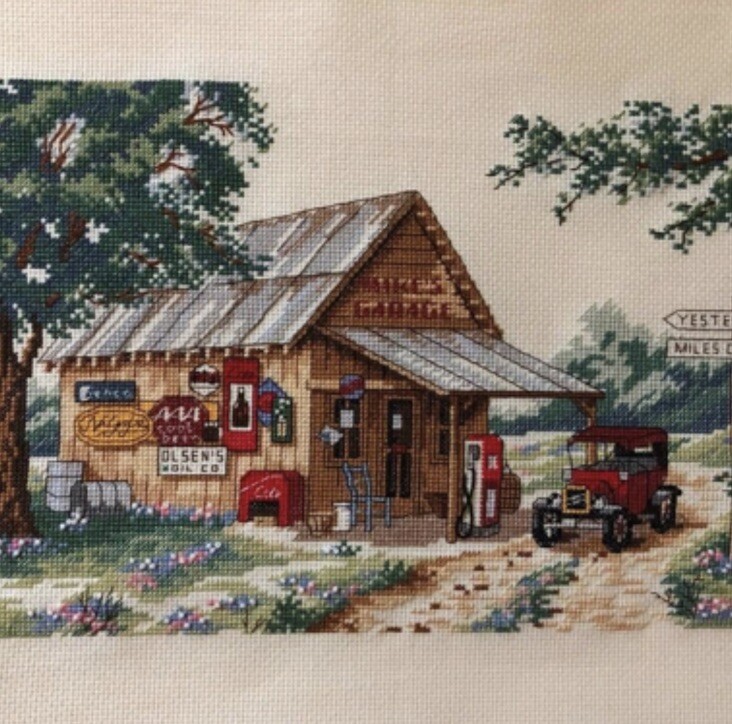 Sunset by Dimensions  CROSS STITCH “Yesteryear” Gas Station/Store by Kay Shannon