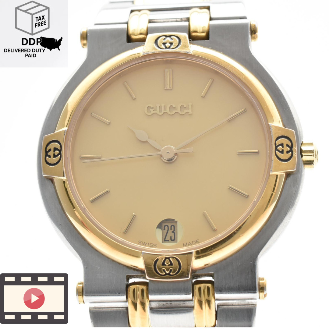 Vintage [Exc+5] GUCCI 9000M Gold lvory Dial Date Quartz Men\'s Watch 30mm
