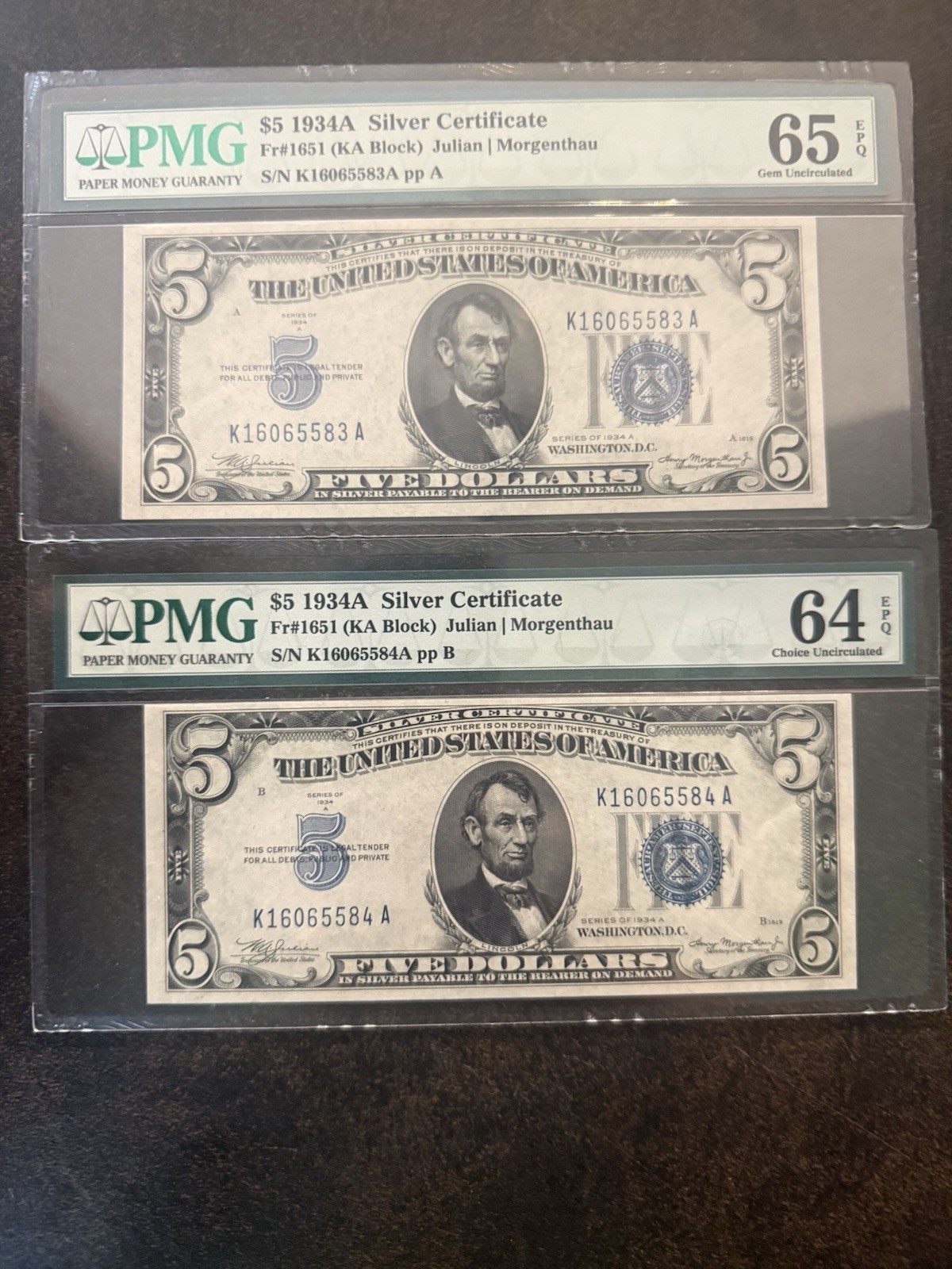 2 Sequential- PMG 1934A $5 Silver Certificates KA block Graded 65 EPQ and 64 EPQ 2 Sequential- PMG 1934A $5 Silver Certificates KA block Graded 65 EPQ and 64 EPQ