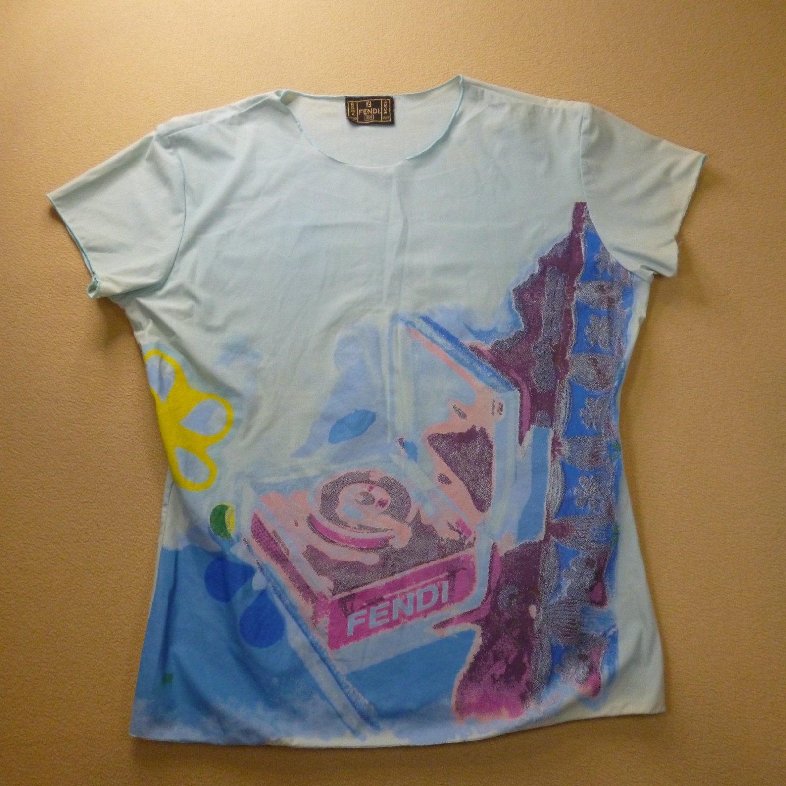 VTG Fendi Jeans Record Player T-Shirt It 46 US 12 Roma Amor Turntable Top Italy