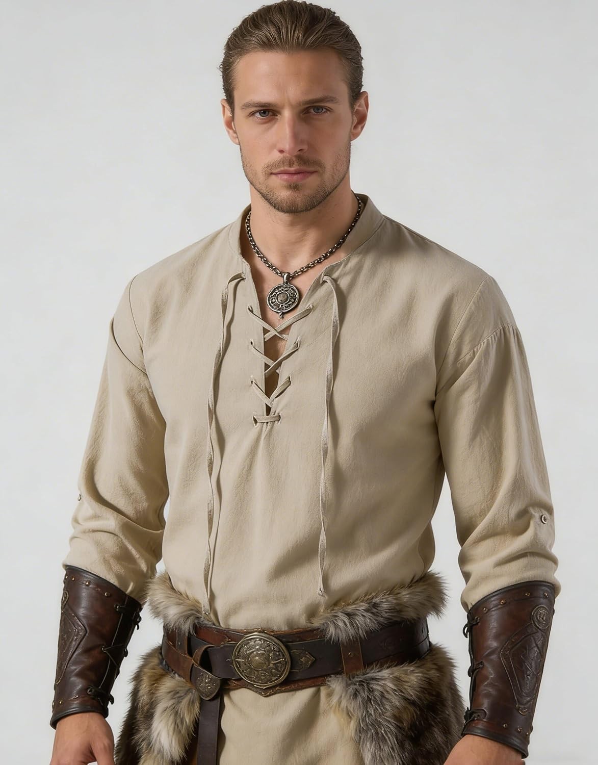 Men's Medieval Vintage Long Sleeve Lace-Up Renaissance-Shirt for Halloween