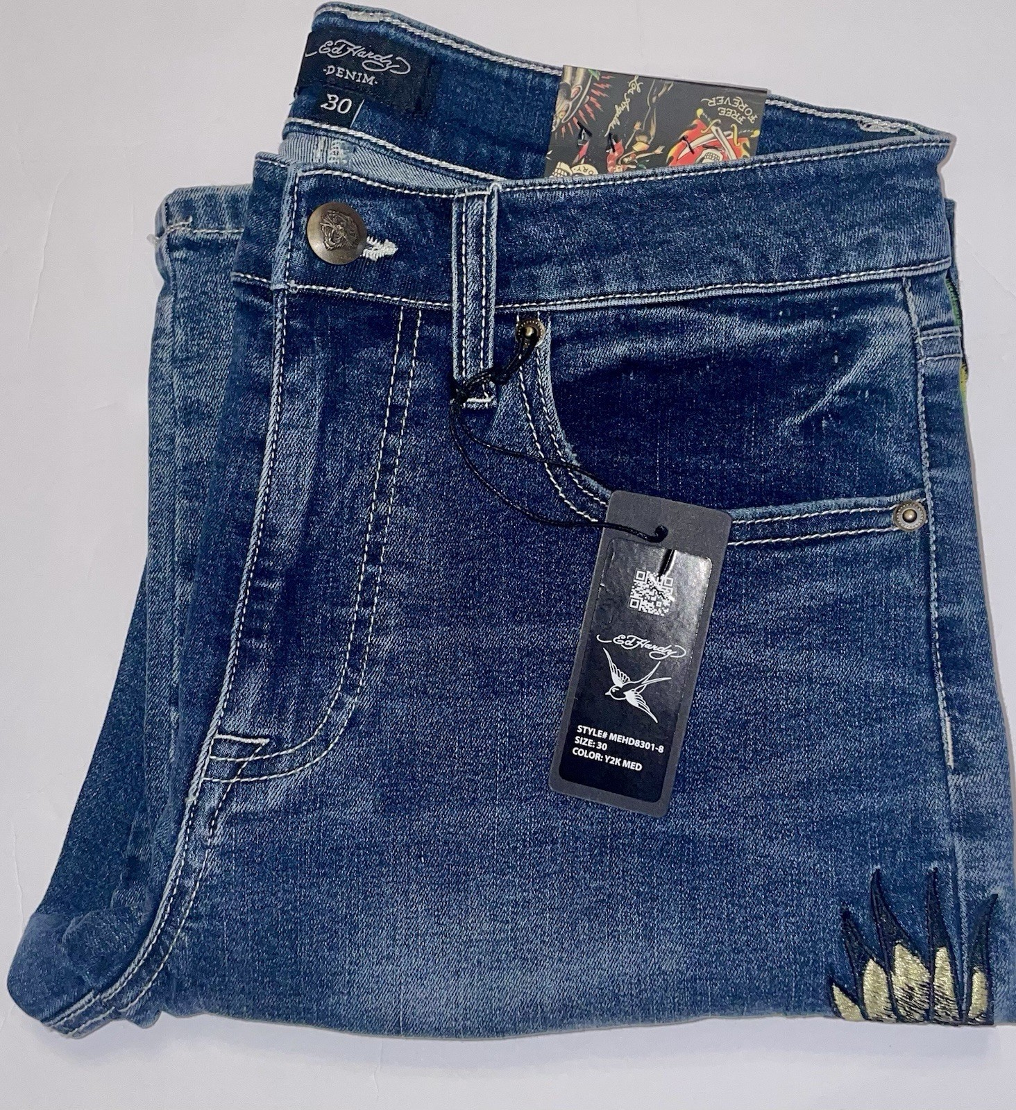 NEW ED HARDY Eagle Vs Snake SlimStraight Distressed Denim Embroidered Y2K Jeans NEW ED HARDY Eagle Vs Snake SlimStraight Distressed Denim Embroidered Y2K Jeans