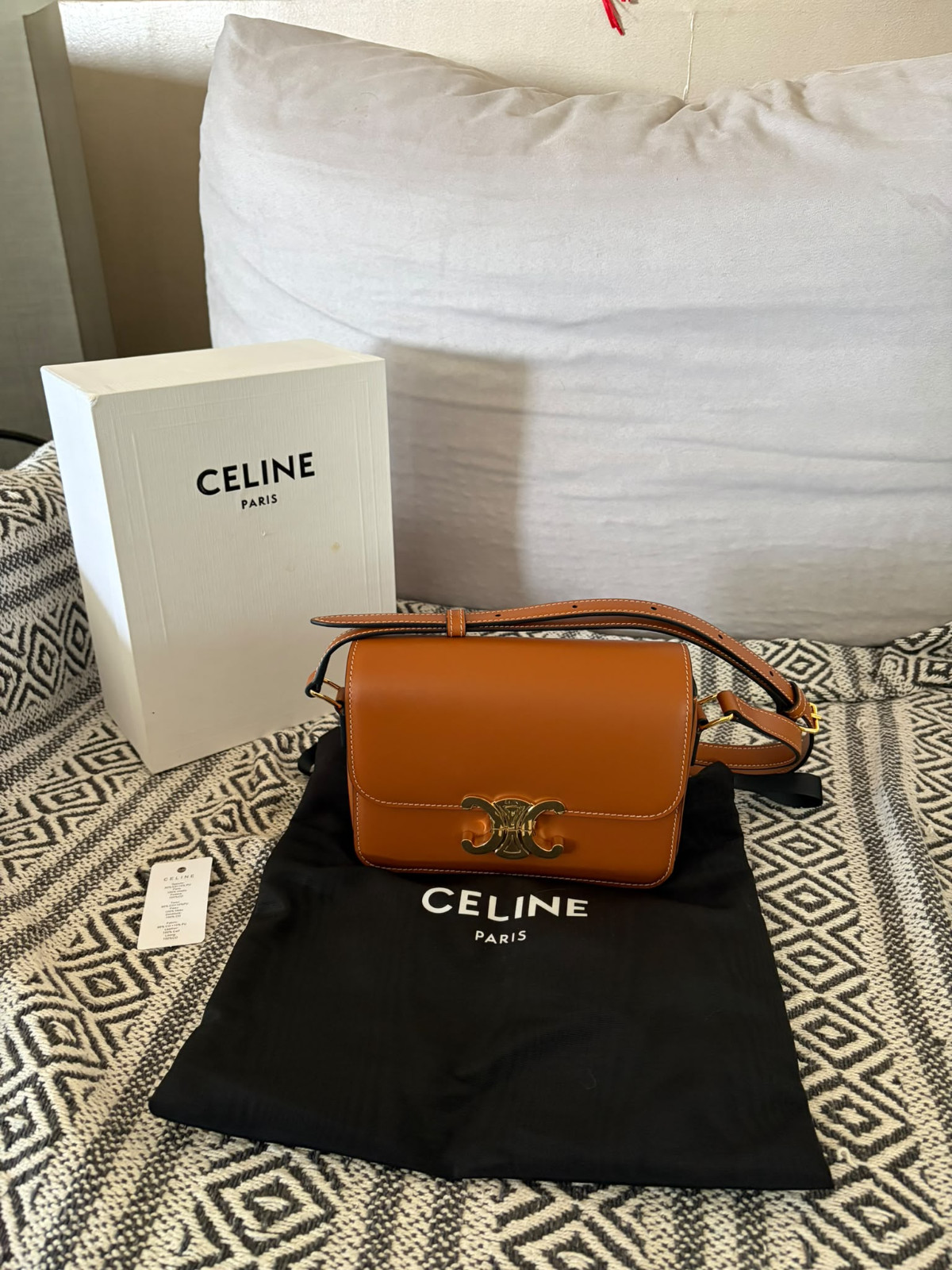 CELINE Triomphe Shoulder Bag Tan Smooth Calfskin Leather with Box & Dust Bag