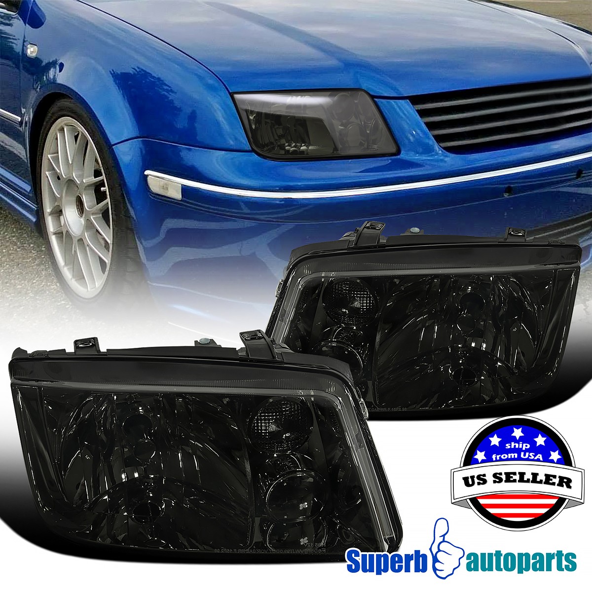 Fits 1999-2005 Volkswagen 99-05 VW Jetta Bora Smoke Headlights Front Headlamp