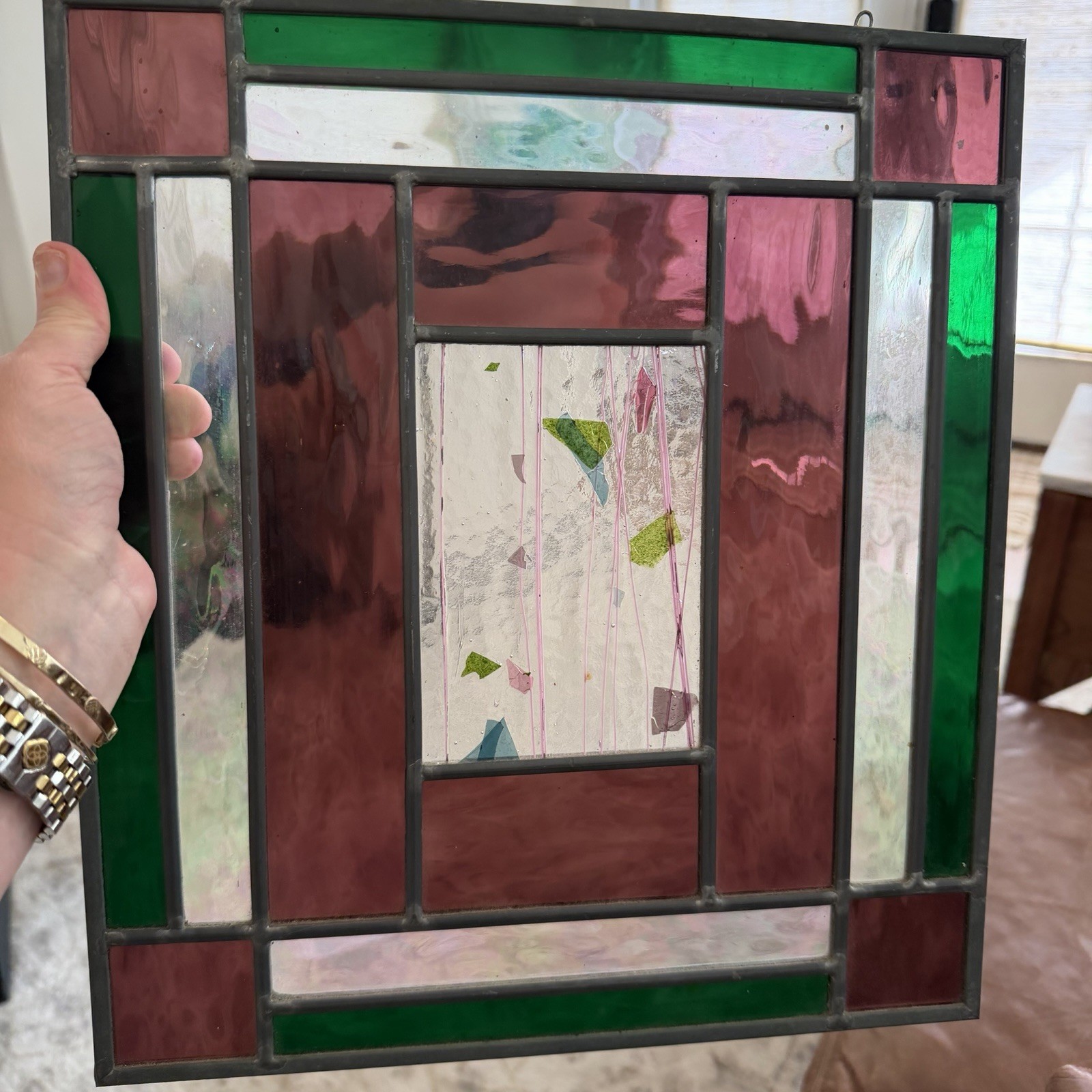 Vtg Rectangular Stained Glass Multi Colored Wall Hanging Sun Catcher Geo 14x13”