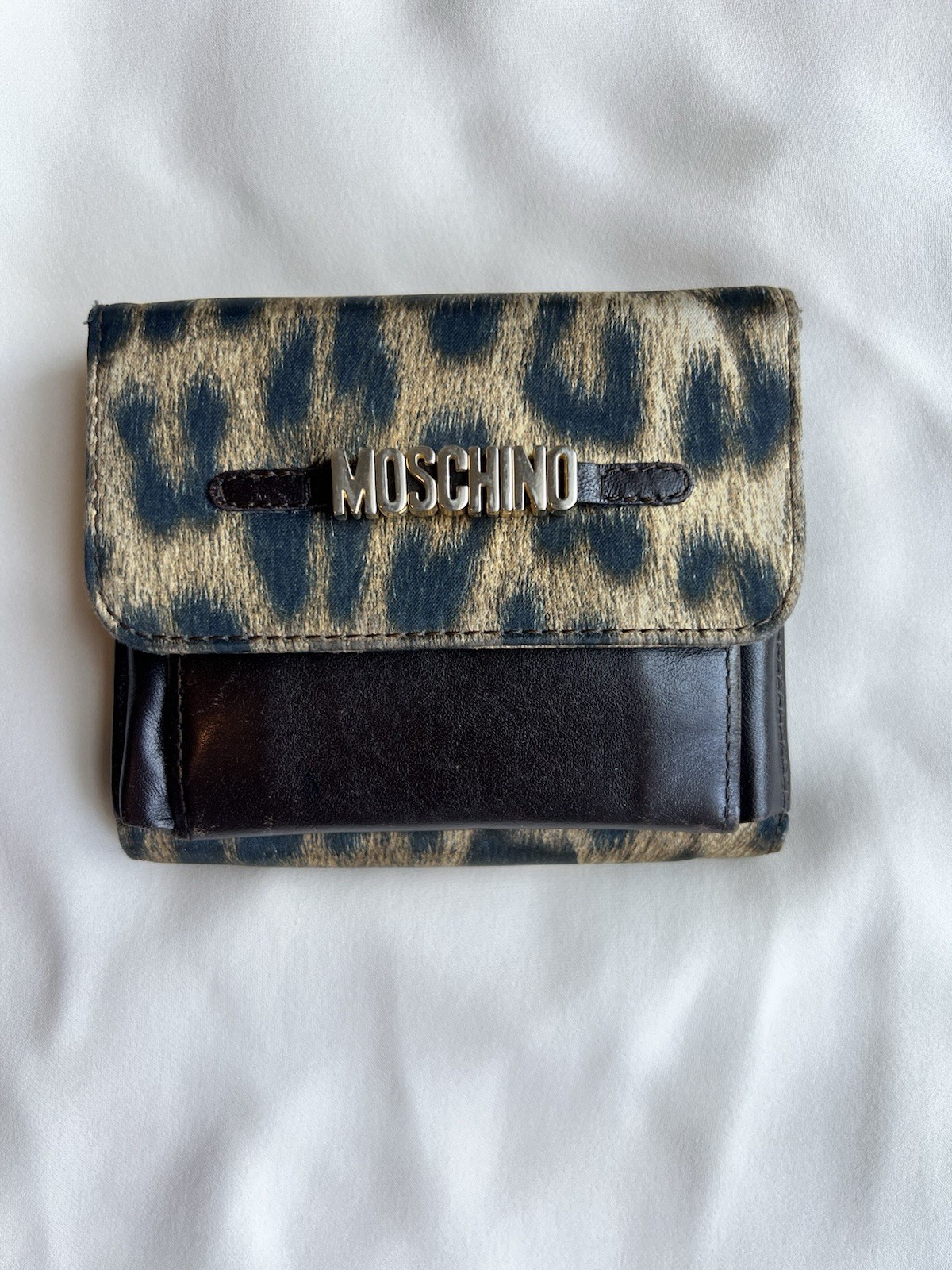Vintage 90’s Moschino Redwall Leopard Print Leather Trifold Wallet Italy Brown