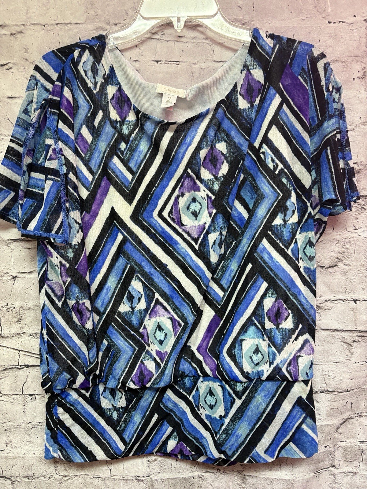 Chico’s Women’s Blouse Short Sleeve Size 2 Blue/Purple Chico’s Women’s Blouse Short Sleeve Size 2 Blue/Purple
