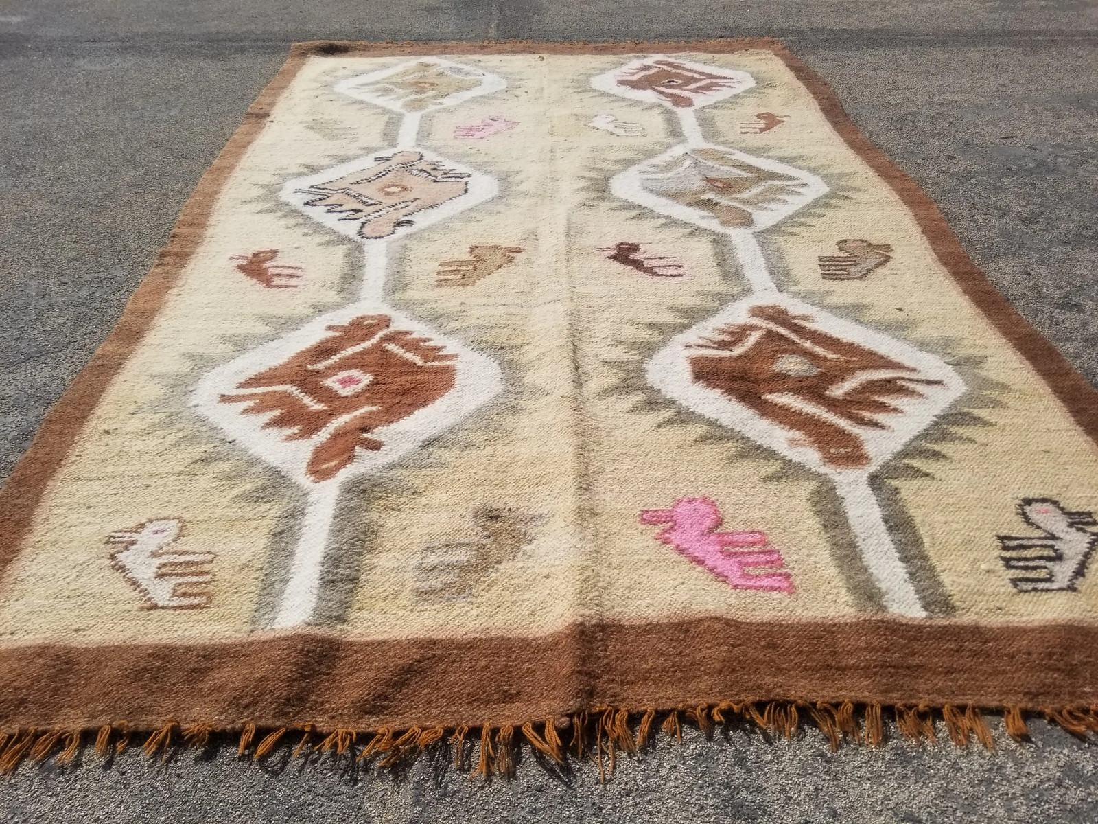 Vintage Traditional Handmade Peruvian Figural Wool Brown Kilim 4.11x3.3ft Vintage Traditional Handmade Peruvian Figural Wool Brown Kilim 4.11x3.3ft