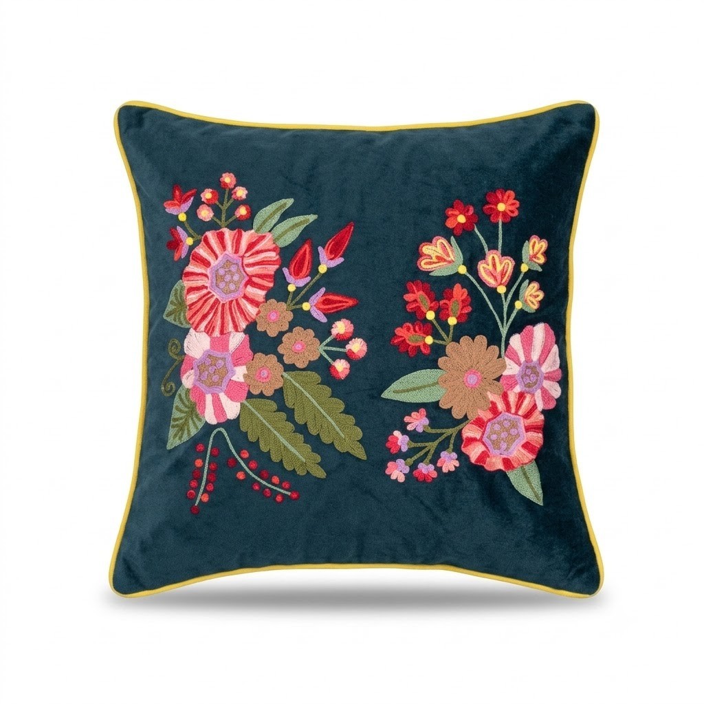 Velvet Embroidered Floral Pillow Cover Handmade Boho Cushion Cottagecore