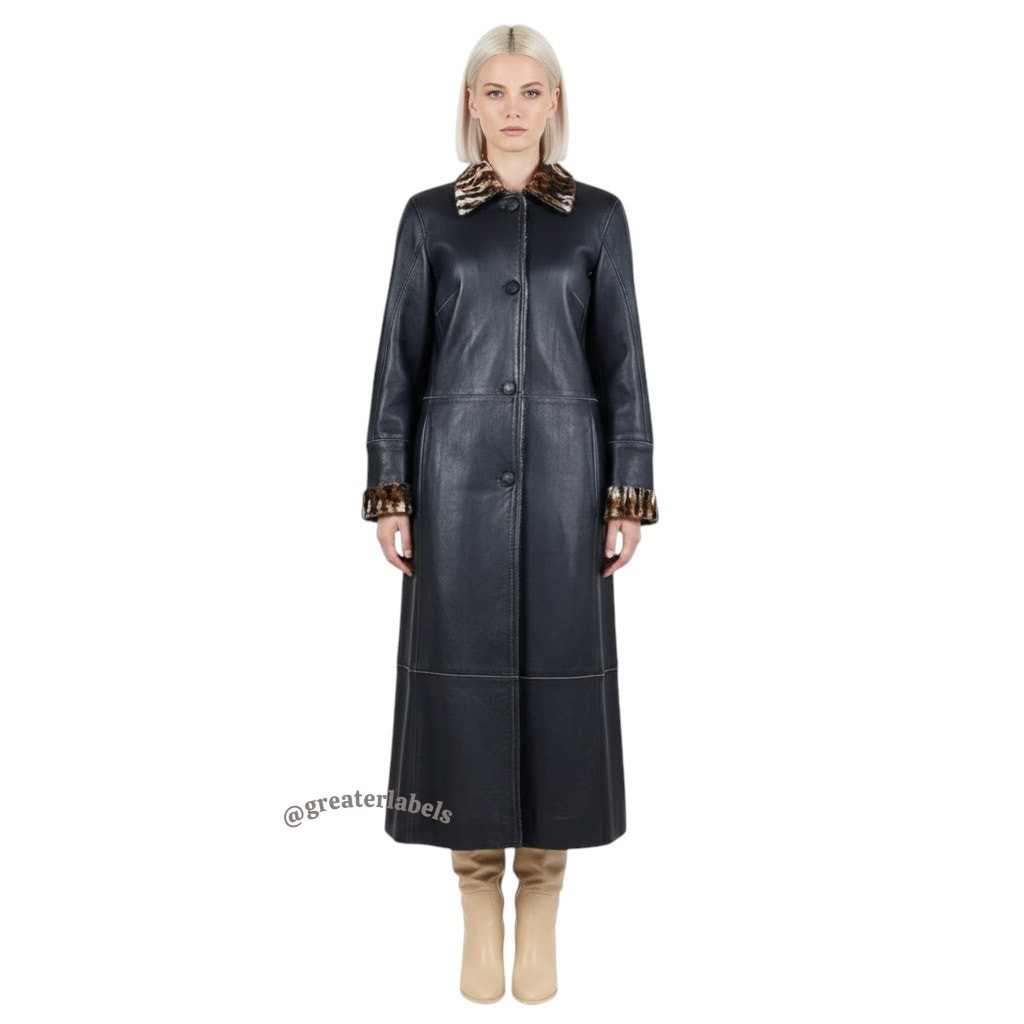 Artico Black Leather Long Coat Animal Print Shearling Lining $5,495 Size 42