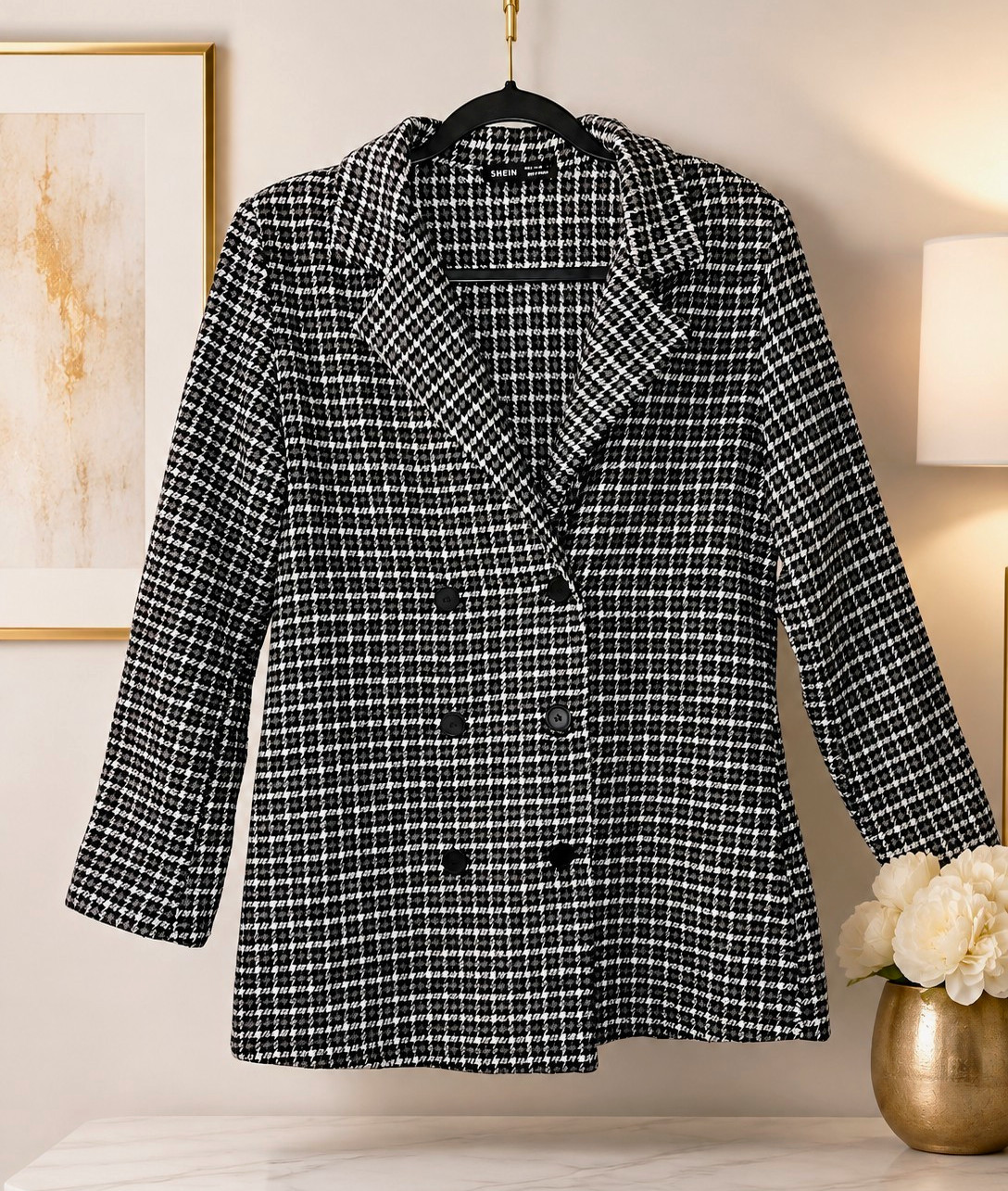 SHEIN Houndstooth Blazer Jacket Double Breasted Plaid Dark Academia Preppy Sz M SHEIN Houndstooth Blazer Jacket Double Breasted Plaid Dark Academia Preppy Sz M
