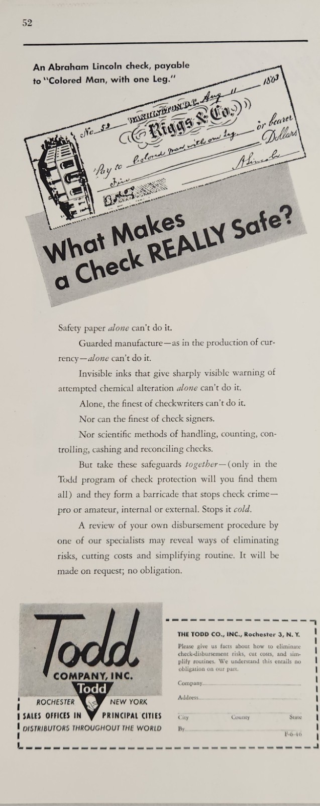1946 Print Ad Todd Company Check Makers Abraham Lincoln Check Rochester,NY