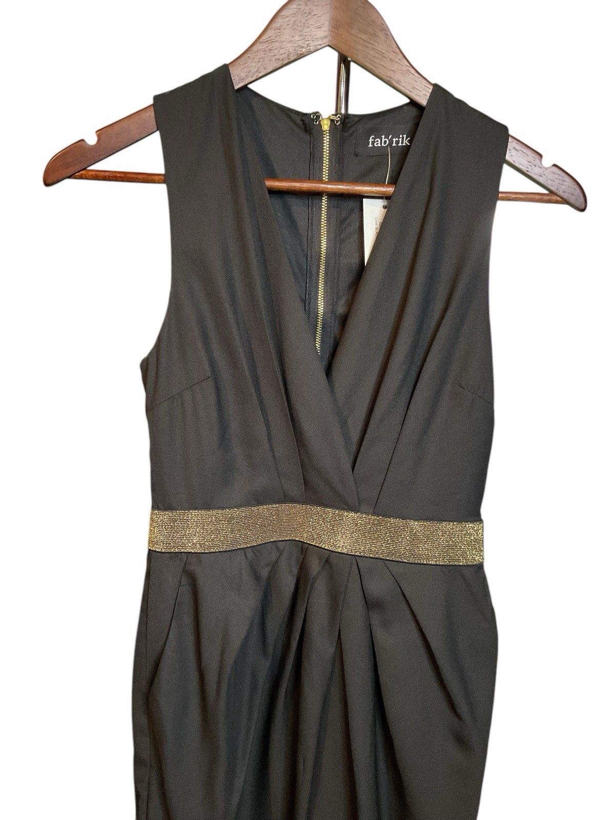 Fab’rik Black And Gold Knee Length, Sleeveless, V Neck Dress NWT Small  
