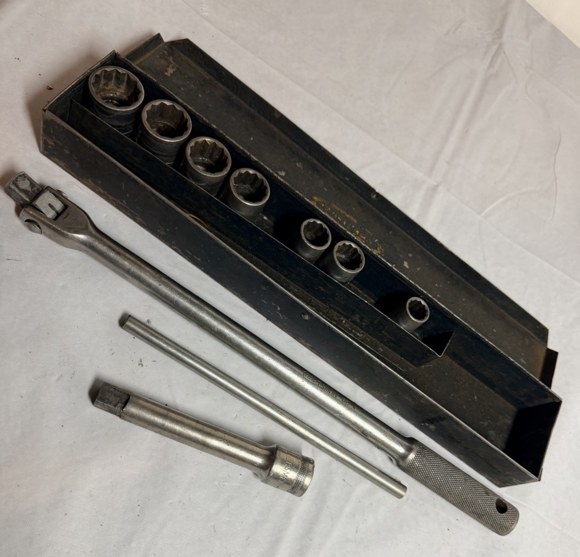 Vintage Craftsman BE 1/2” Drive Socket Set Breaker Bar Ext Metal Case USA 21/32”